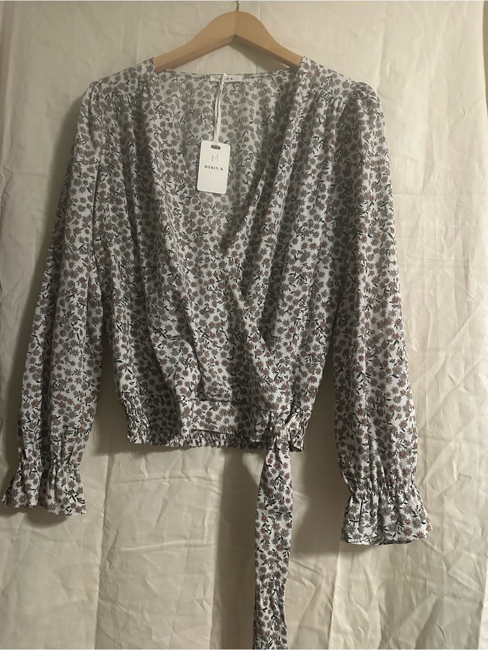 Robin K White Floral Wrap Blouse with Tie Waist
